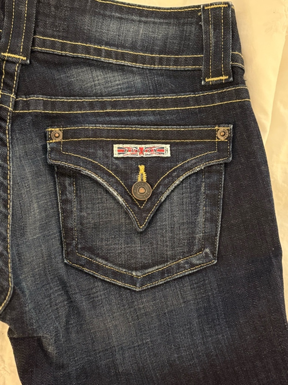 Hudson Jeans Women’s Dark Blue Boot Cut Jeans with Yellow Stitching